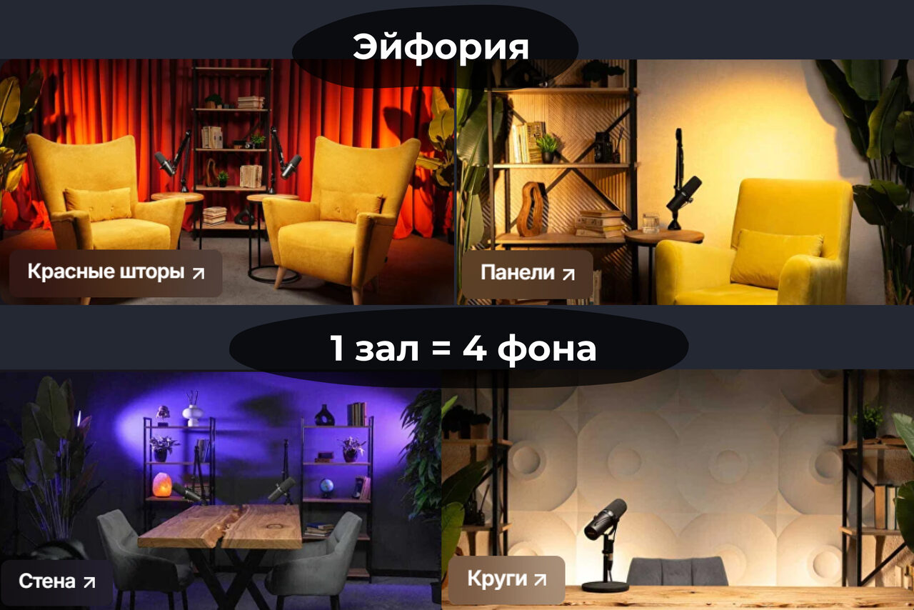 Арендовать Лофт  Эйфория. Одно пространство с четырьмя фонами: 1) Две желтые кресла перед красными шторами. 2) Желтое кресло у деревянных панелей. 3) Длинный стол с черными стульями перед фиолетовой стеной. 4) Микрофон перед белой стеной с кругами.