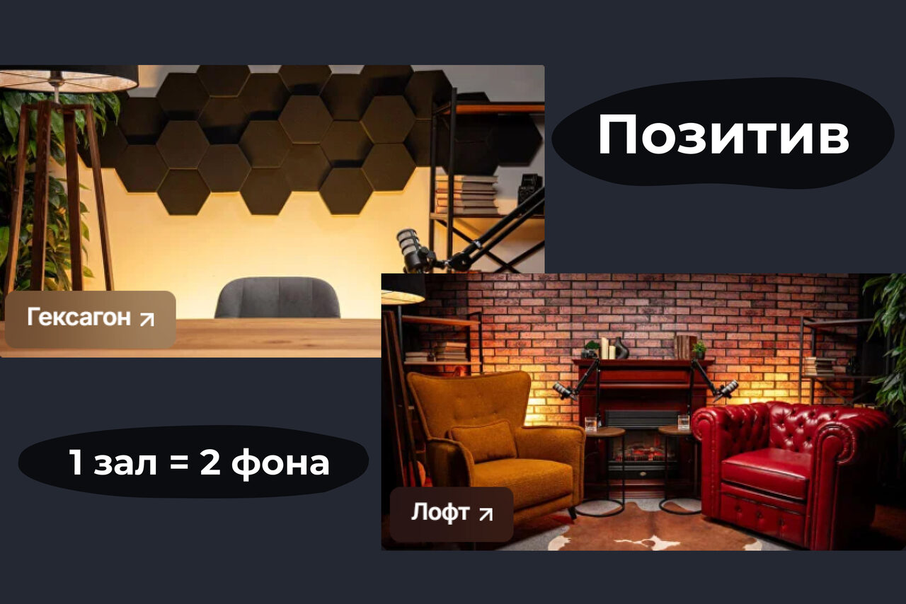 Арендовать Лофт Позитив. ALT-описание: Коллаж из двух фотографий. Верхнее изображение: интерьер с шестигранными светодиодными панелями на стене, деревянный стол, стул, микрофон. Нижнее изображение: зона отдыха с кирпичной стеной, два кресла, стол, лампа, растения. Текст: «Гексагон», «Лофт», «Позитив», «1 зал = 2 фона».