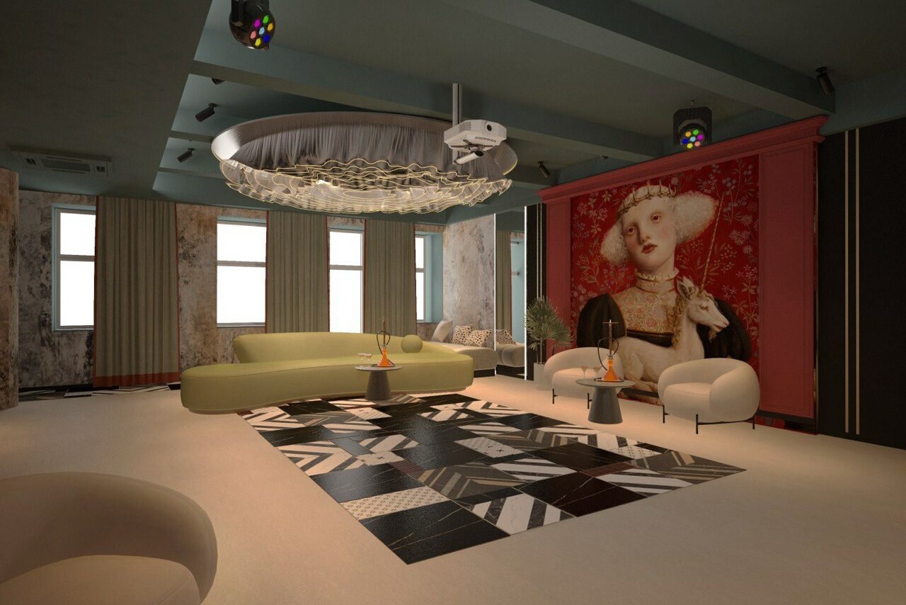 Арендовать Стильное пространство Астрид. Зал с мягкой мебелью: салатовый изогнутый диван, два белых кресла, журнальные столики. Потолок с проектором и декоративным освещением, стены с занавесками и изображением в рамке. На полу ковёр с геометрическим рисунком в чёрно-белых тонах.