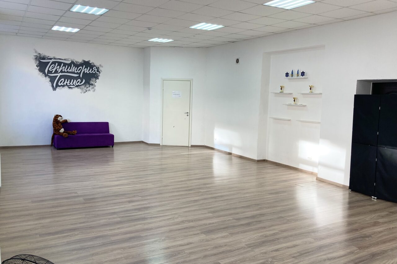 Арендовать Территория Танца. Просторная светлая комната с ламинатным напольным покрытием и белыми стенами. В углу фиолетовый диван и мягкая игрушка. На стене граффити с надписью "Территория танца". Потолок с квадратными светильниками, полки с декором.