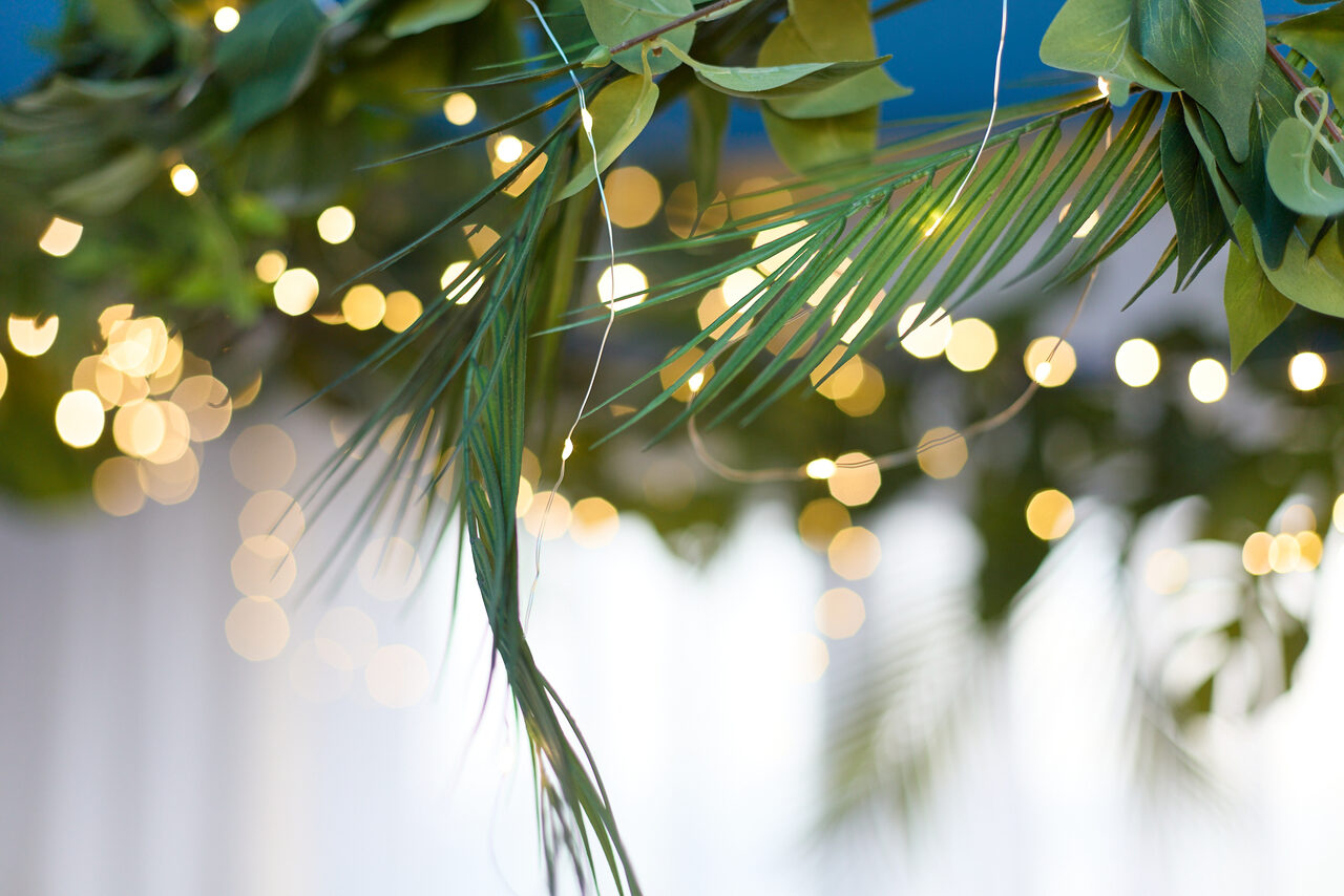 Арендовать Лофт Бали с фото зоной на 23 этаже с видом на Москва-реку. Листва и гирлянды с маленькими круглыми лампочками, создающими теплое освещение. Доминируют зеленые и золотистые цвета.