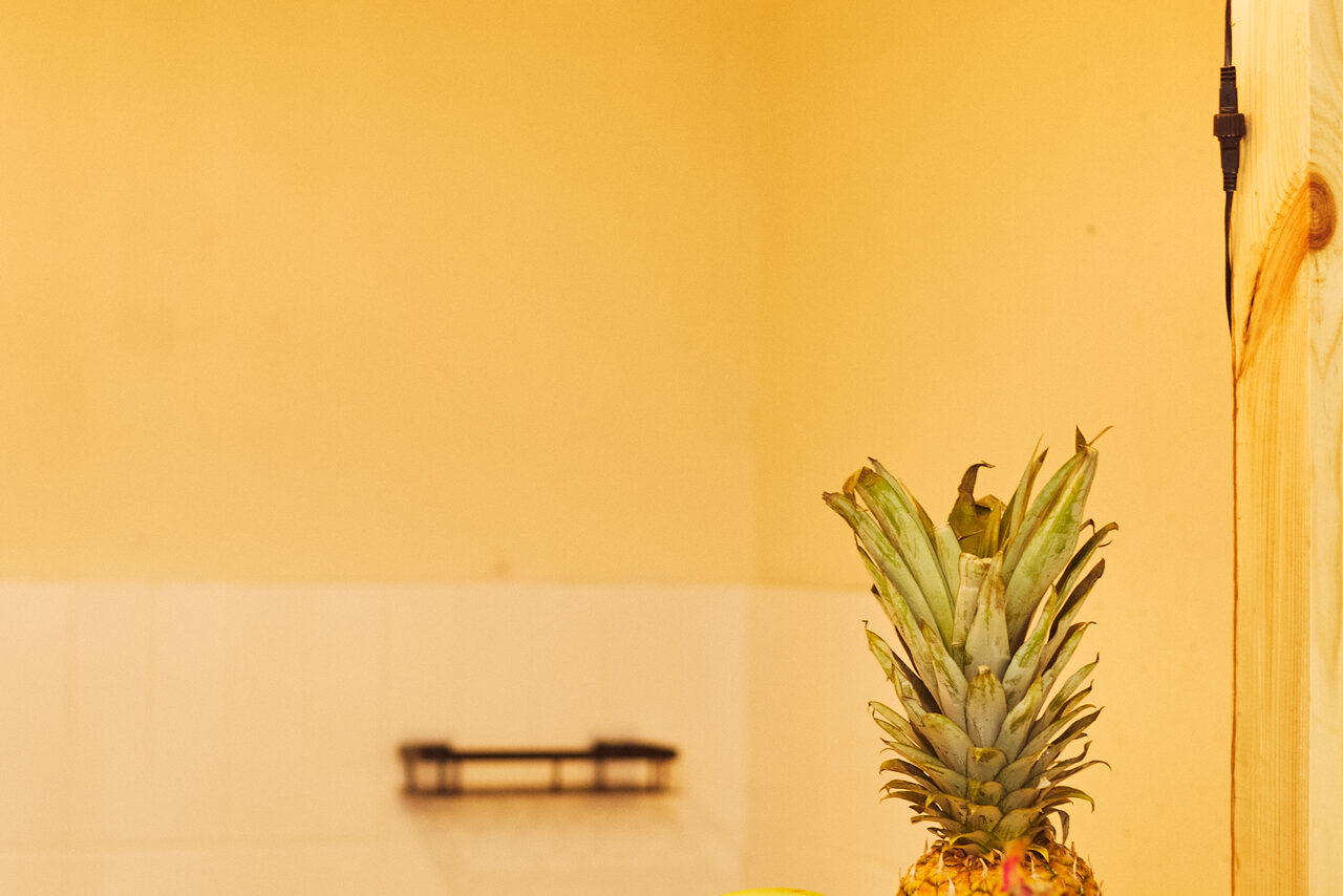 Арендовать Тропический лофт с бунгало, баром и французским балконом. Жёлтая стена с подвесной полкой, нижняя часть облицована белой плиткой. На переднем плане ананас, справа виден деревянный элемент с проводом. Освещение тёплое, источники света не видны.