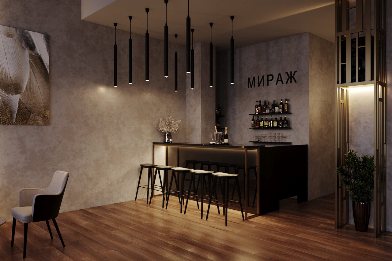Арендовать Лофт Мираж. Современный интерьер с барной стойкой, высокими стульями и настенными полками для напитков. Потолочные светильники, общее освещение приглушённое. Стены и пол отделаны в нейтральных тонах, на стене картина и декоративная надпись "МИРАЖ".