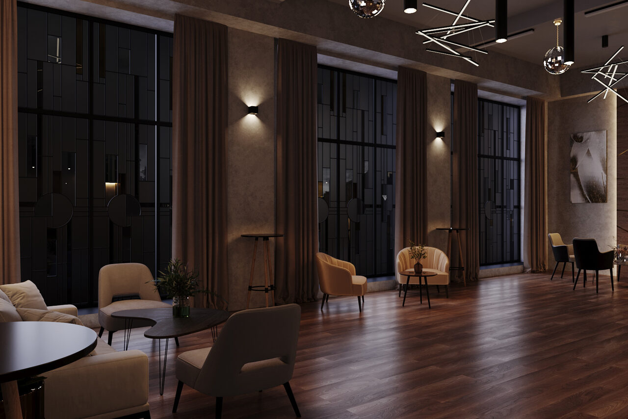 Арендовать Лофт Мираж. Современное помещение с высокими окнами, занавесками, деревянным полом. Несколько зон с креслами и столами, настенными светильниками. Потолок украшен геометрическими светильниками. Стены в тёмных оттенках, на стене картина.