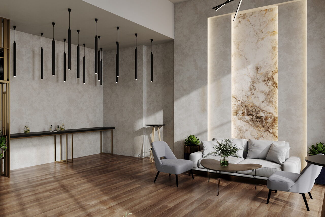 Арендовать Лофт Мираж. Современное пространство с деревянным полом, светло-серыми стенами и декором из мрамора. Мягкий диван с журнальным столиком, стулья, несколько растений и длинные подвесные светильники. Панорамное окно обеспечивает естественное освещение.