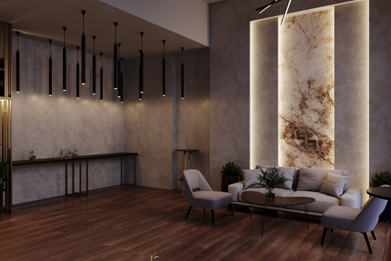 Арендовать Лофт Мираж. Просторная комната со стильным дизайном: деревянный пол, бетонные стены с декоративной подсветкой, мраморная вставка. Уютная зона отдыха с диваном, креслом и журнальным столиком. Подвесные светильники и растительная декорация.