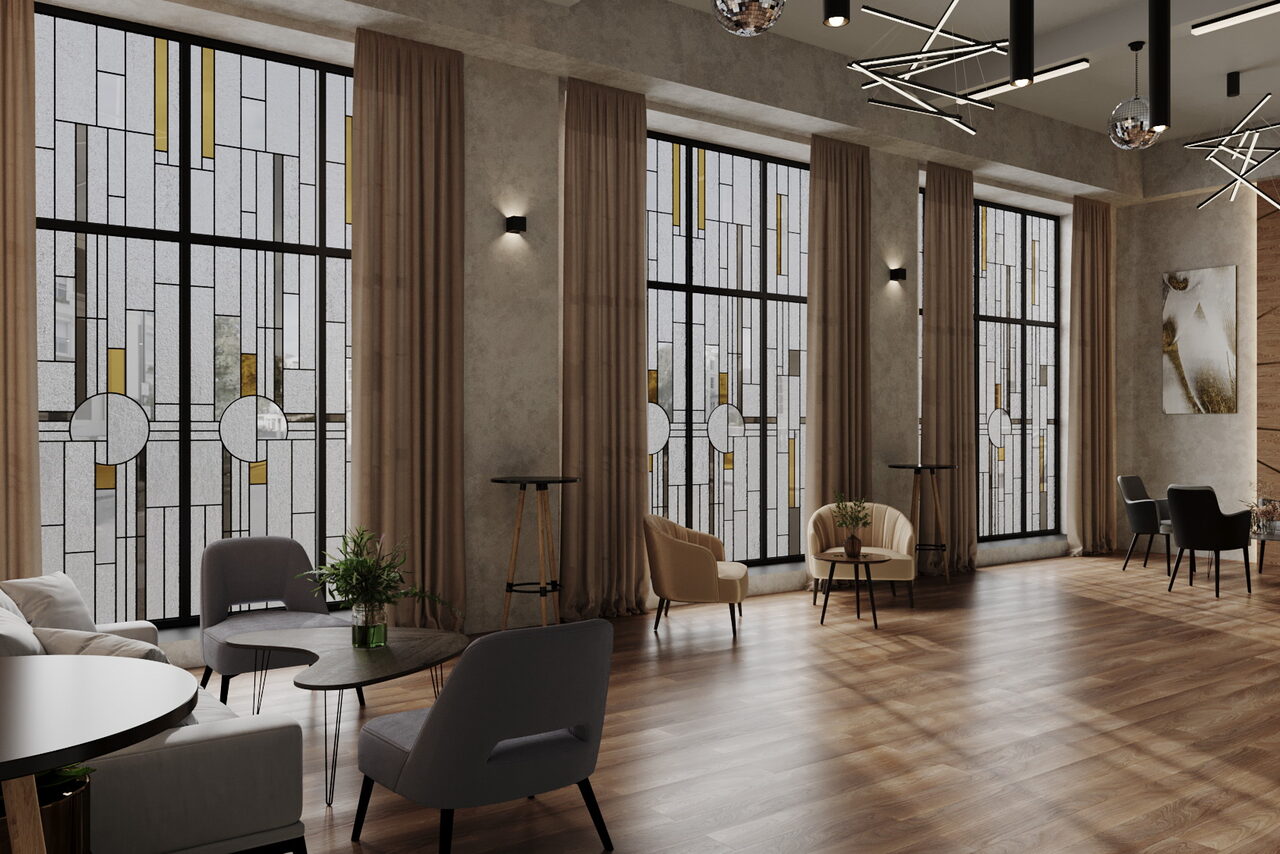 Арендовать Лофт Мираж. Просторная комната с большими витражными окнами и бежевыми занавесками. Деревянный пол, серые и бежевые кресла, стеклянные кофейные столики. Современные светильники на потолке. стены серого цвета с картиной.