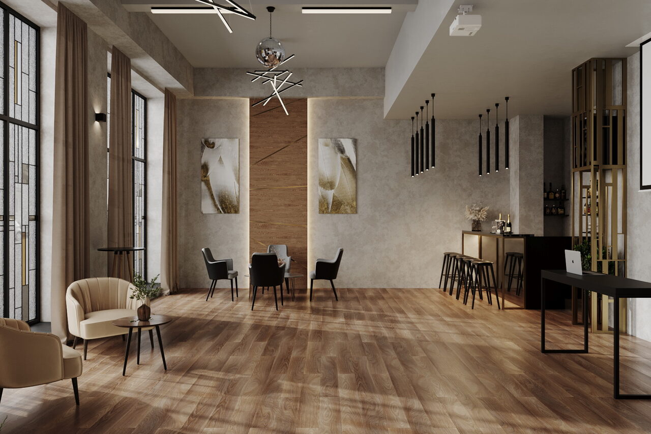 Арендовать Лофт Мираж. Современное пространство с деревянным полом и большими окнами. Стены серые, украшены картинами. Есть диван и стулья, столы черного цвета. Барная стойка с высокими стульями. Потолочные светильники, проектор и экран.