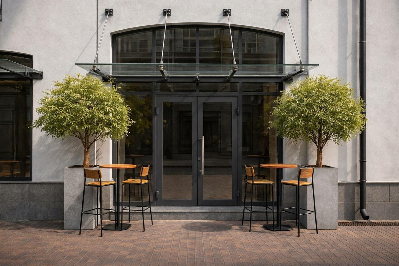 Арендовать Лофт Мираж. Экстерьерное пространство с двумя круглыми столами и высокими стульями перед стеклянной дверью. По бокам двери стоят большие горшки с зелеными деревьями. Стены белые, дверь и мебель темные, пол плиточный.