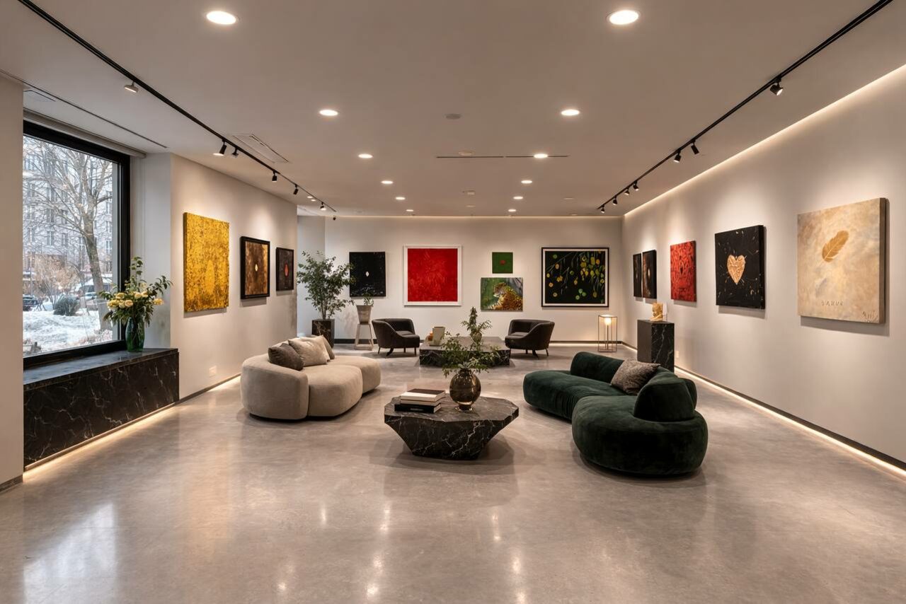 Арендовать Level 5(Лэвел 5). Галерея с белыми стенами, на которых висят разноцветные картины. По центру стоят диваны и стол из темного материала. Пол бетонный. Освещение точечное, встроенное в потолок. По краям комнаты окна и несколько декоративных растений.