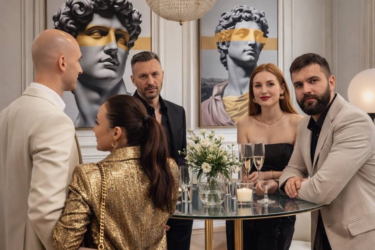 Арендовать Level 5(Лэвел 5). Гостиная с круглым стеклянным столом, на котором стоят бокалы, свеча и цветы в вазе. На стене два портрета статуй. В комнате несколько человек, некоторые держат бокалы. Светлый интерьер с золотистыми и черными акцентами.