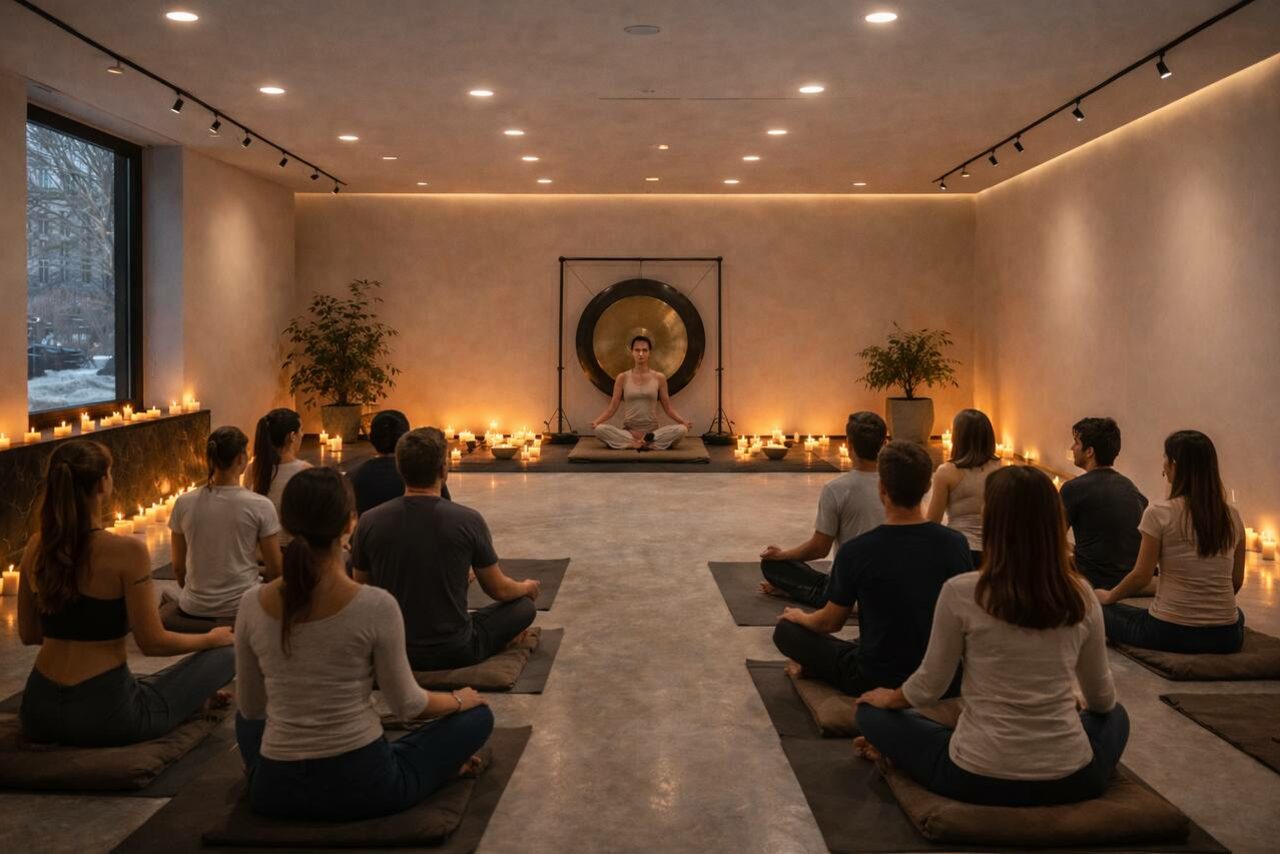 Арендовать Level 5(Лэвел 5). Просторное помещение со светлыми стенами и потолочным освещением. Участники на ковриках сидят в медитативной позе. В центре расположен гонг. По периметру свечи, зелёные растения по бокам, большое окно с видом на улицу.