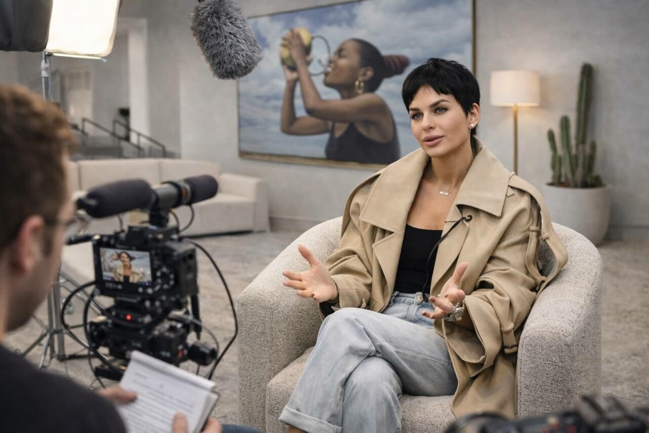 Арендовать Level 5(Лэвел 5). Современное помещение с серыми стенами, светлым ковром и мягкой мебелью. В центре кресло, видеооборудование, камера с микрофоном, искусственное освещение. На стене большая картина и торшер, в углу кадра высокий кактус.