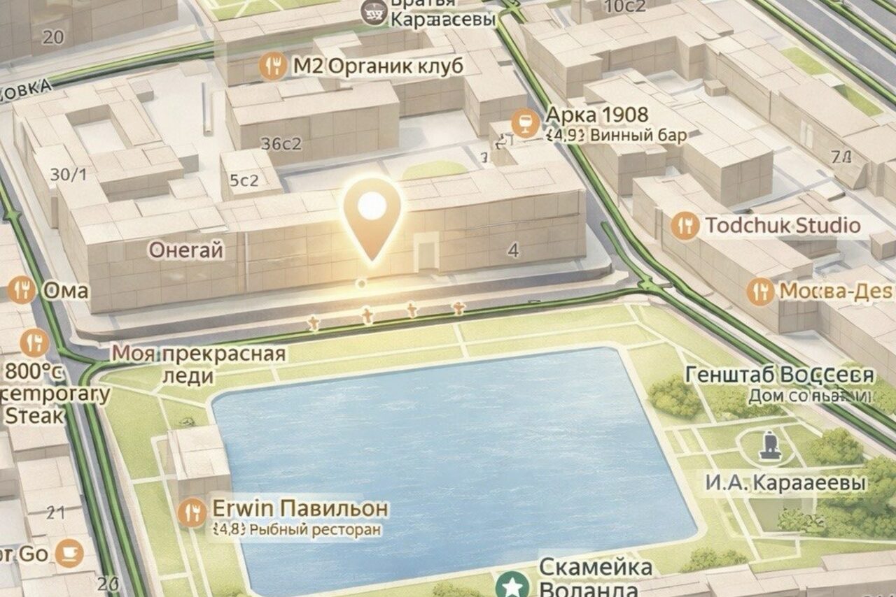 Арендовать Level 5(Лэвел 5). Карта с отмеченным местоположением, окружающие здания и предприятия, такие как рестораны и клубы, водоем внизу, дороги, зелёные насаждения, указаны названия заведений и номера зданий.