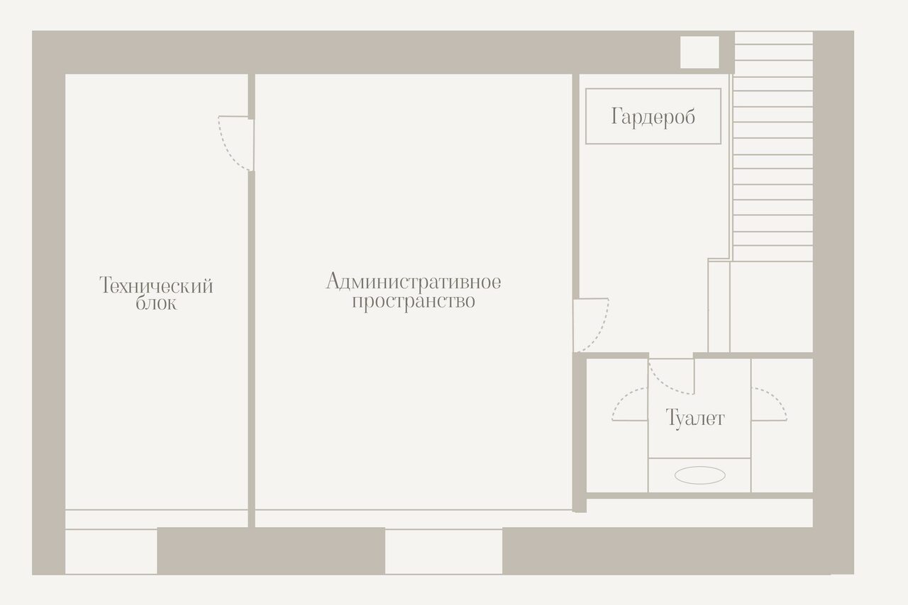 Арендовать Level 5(Лэвел 5). План помещения с обозначением участков: "Технический блок", "Административное пространство", "Гардероб" и "Туалет". Пространства разделены перегородками, указаны двери. Цвет фона светлый, линии и текст серого цвета.