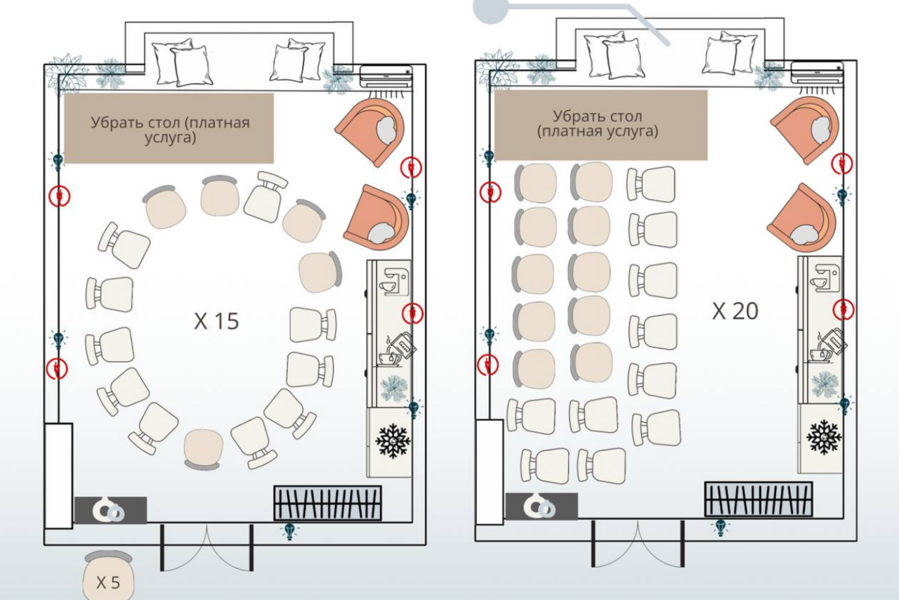 Арендовать H4U. Светлый зал П-602. Комната с двумя вариантами планировки: круговая рассадка из 15 стульев и линейная для 20. Присутствует мебель: столы, полки. Дополнительные элементы: диваны, растения. На схеме надписи: «Убрать стол (платная услуга)».