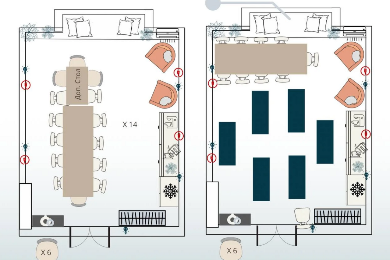 Арендовать H4U. Светлый зал П-602. План двух комнат для встреч, каждая с длинным столом и стульями, комната слева: стол на 14 мест, комната справа: мягкие зоны по углам и 6 черных прямоугольников в центре. Подушки у окон, двери с двумя створками, небольшие раковины.