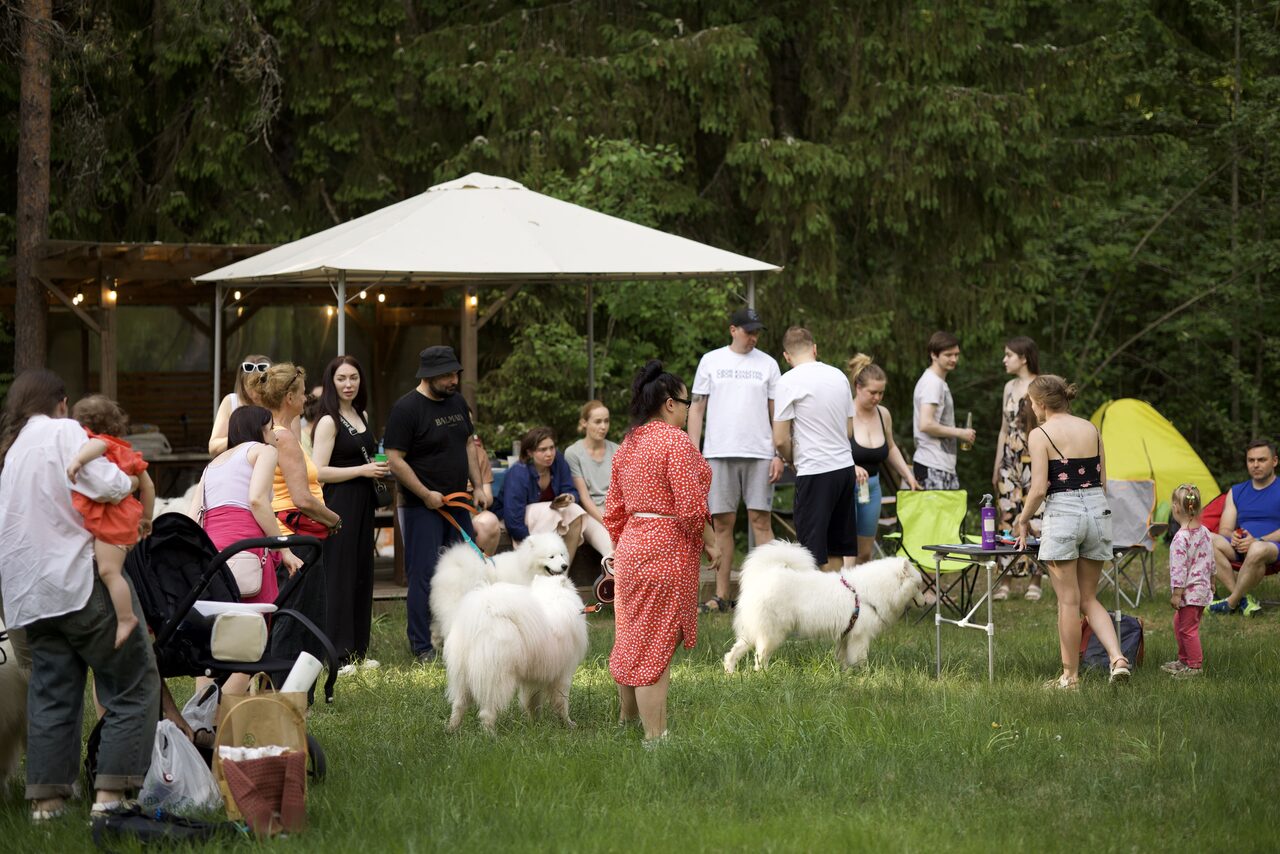 Арендовать Белый Пёс(WHITE DOG event). Открытое пространство в лесу, люди сидят и стоят на траве, белая палатка, раскладные стулья и стол, в окружении деревьев. На заднем плане желтая палатка. Собаки и дети на переднем плане.