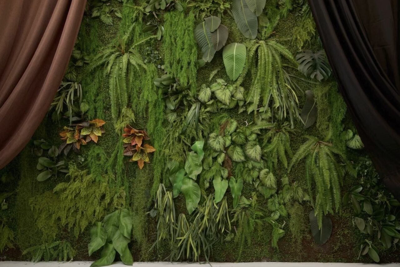 Арендовать WhiteFox Studio(Студия Белая Лиса). Вертикальная живая стена с густой растительностью из разных видов зелёных растений и лиан, украшенная двумя тканевыми драпировками коричневого и чёрного цвета по краям.