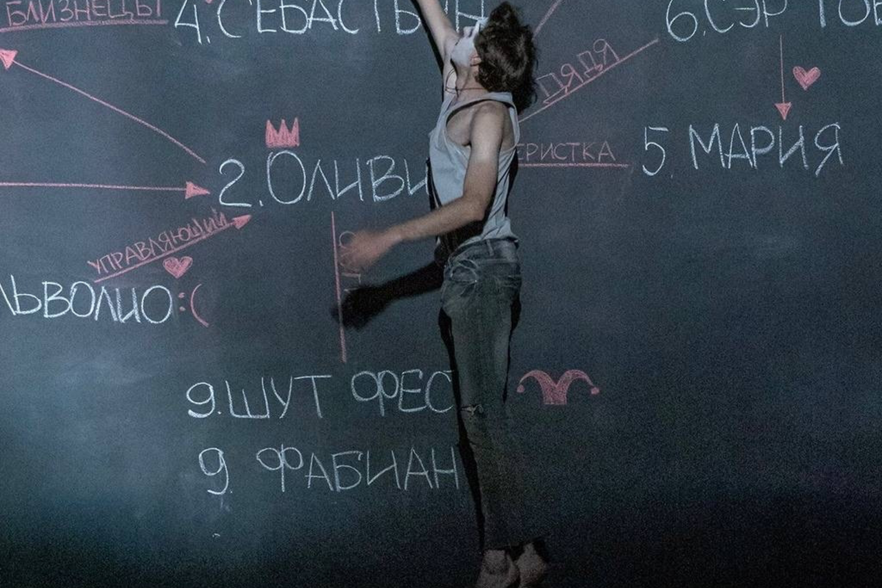 Арендовать Театр в Хамовниках. Человек пишет мелом на большом черном фоне. На поверхности нарисованы и записаны различные слова, стрелки и символы. Освещение приглушенное, использованы белые и красные цвета. На человеке светлая майка и джинсы.