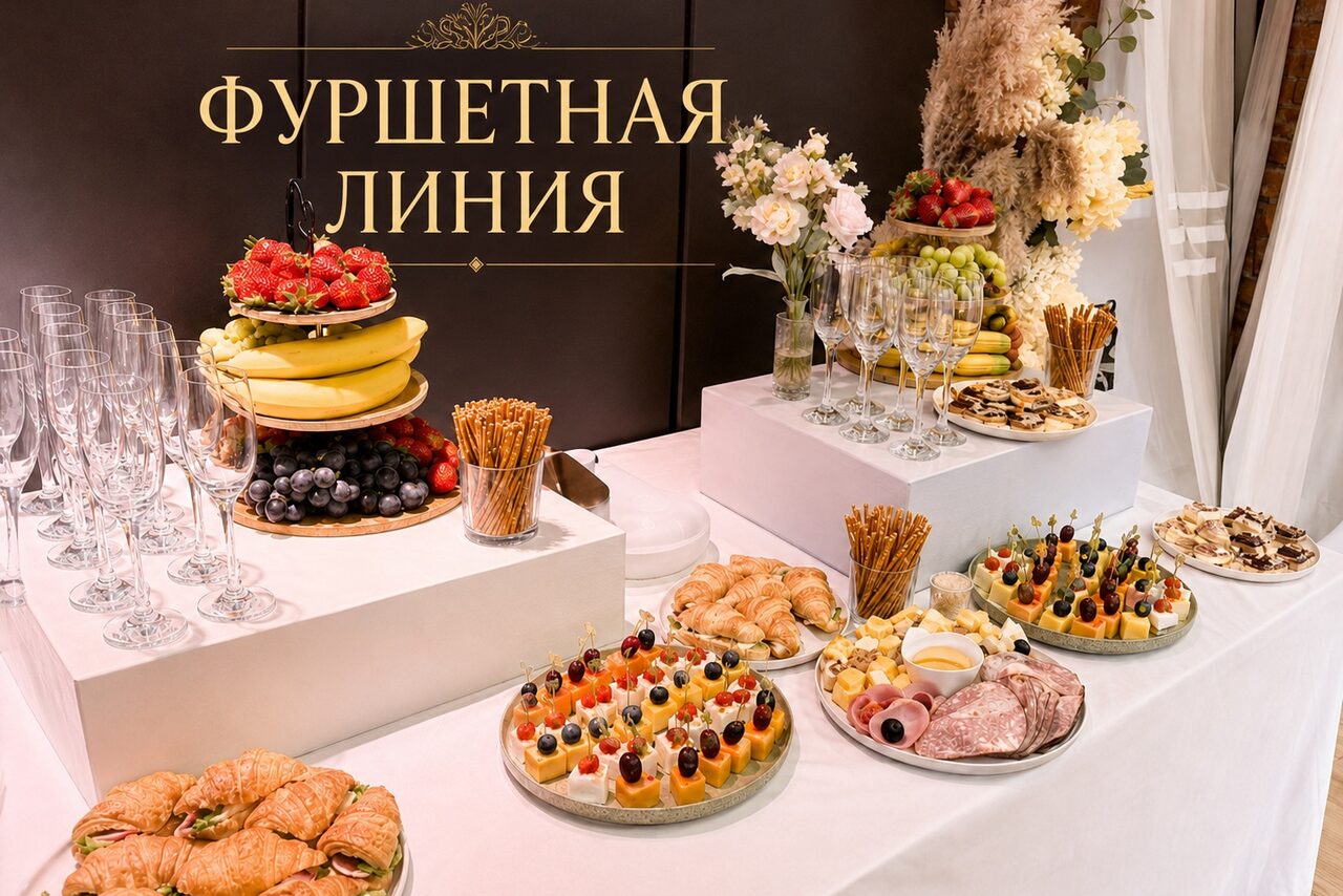 Арендовать Мейерс Лофт. Фуршетный стол со стеклянными бокалами, фруктами, хлебными палочками, цветами и закусками на белых подставках и скатерти. На стене позади черный баннер с надписью «ФУРШЕТНАЯ ЛИНИЯ».