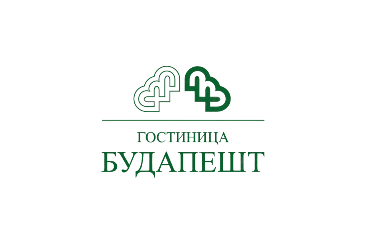 Арендовать Зал в гостинице Будапешт. Логотип с изображением двух зелёных облаков и надписью "Гостиница Будапешт" ниже. Палитра зелёного и белого цвета.