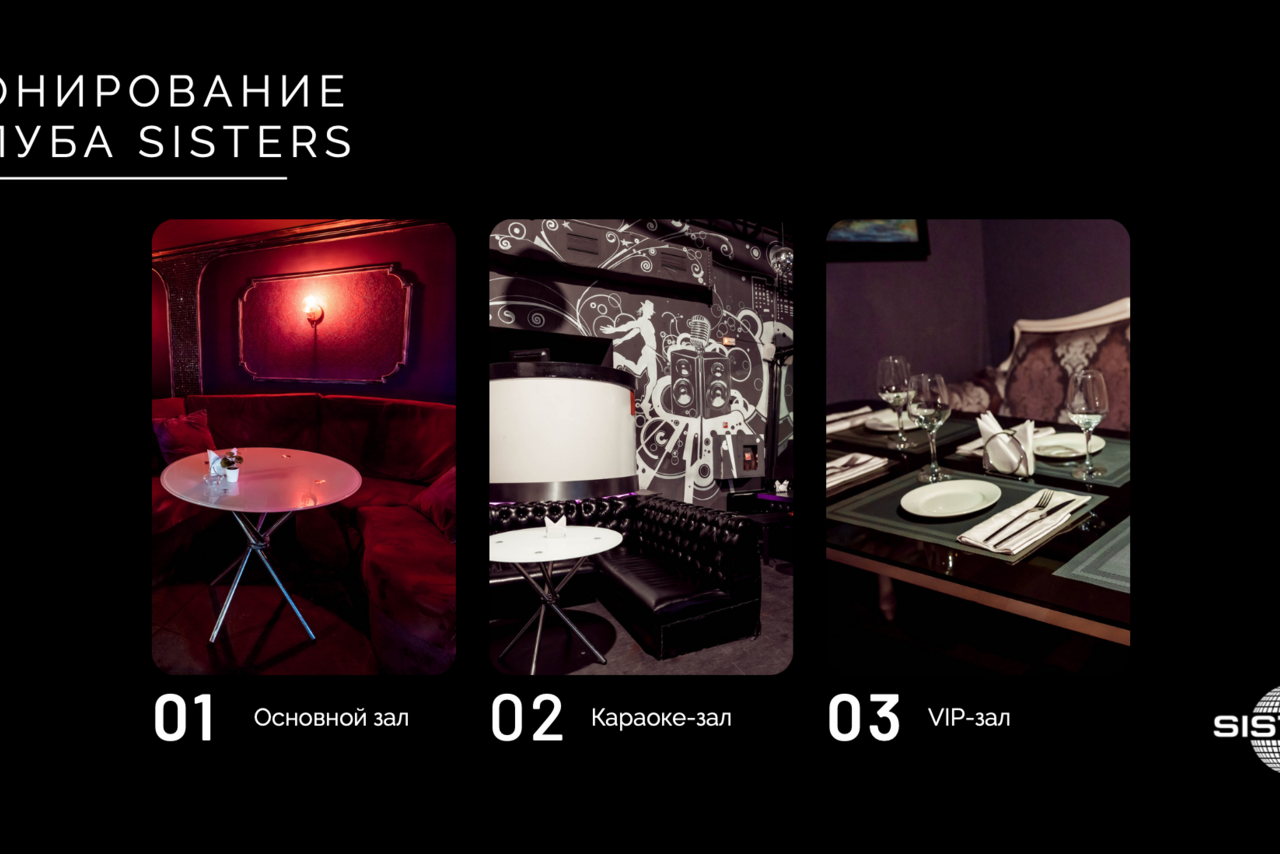 Арендовать Ночной клуб Sisters (Сёстры) . Основной зал: красные тона, круглый стол, диван. Караоке-зал: чёрно-белый декор, чёрный диван, круглый светильник. VIP-зал: стол сервирован, тёмные стены, текстильная обивка. Текст: "Бронирование клуба", "01 Основной зал", "02 Караоке-зал", "03 VIP-зал".