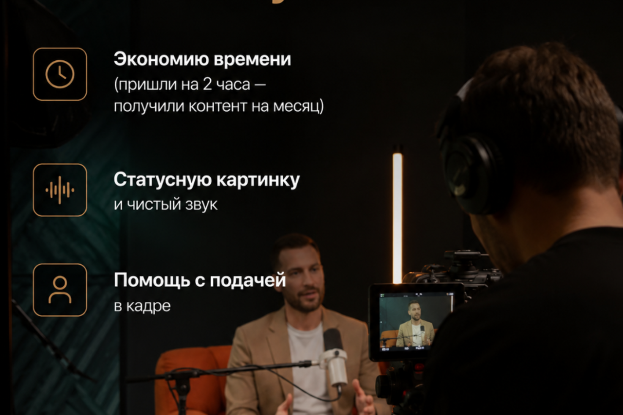 Арендовать КС4. Студия с человеком в светлой одежде на оранжевом кресле, микрофон перед ним. Человек с камерой и наушниками справа. Черный фон, вертикальная лампа. Справа текст: "Экономию времени", "Статусную картинку", "Помощь с подачей".