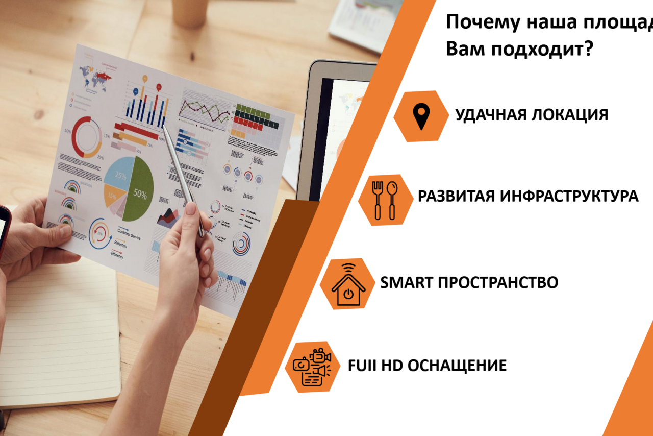 Арендовать Аренда образовательной площадки. Человек держит в руках диаграммы и смартфон на фоне деревянного стола с ноутбуком. Справа текст: «Почему наша площадка Вам подходит?» и пункты: удачная локация, развитая инфраструктура, SMART пространство, Full HD оснащение. Белый и оранжевый фон.