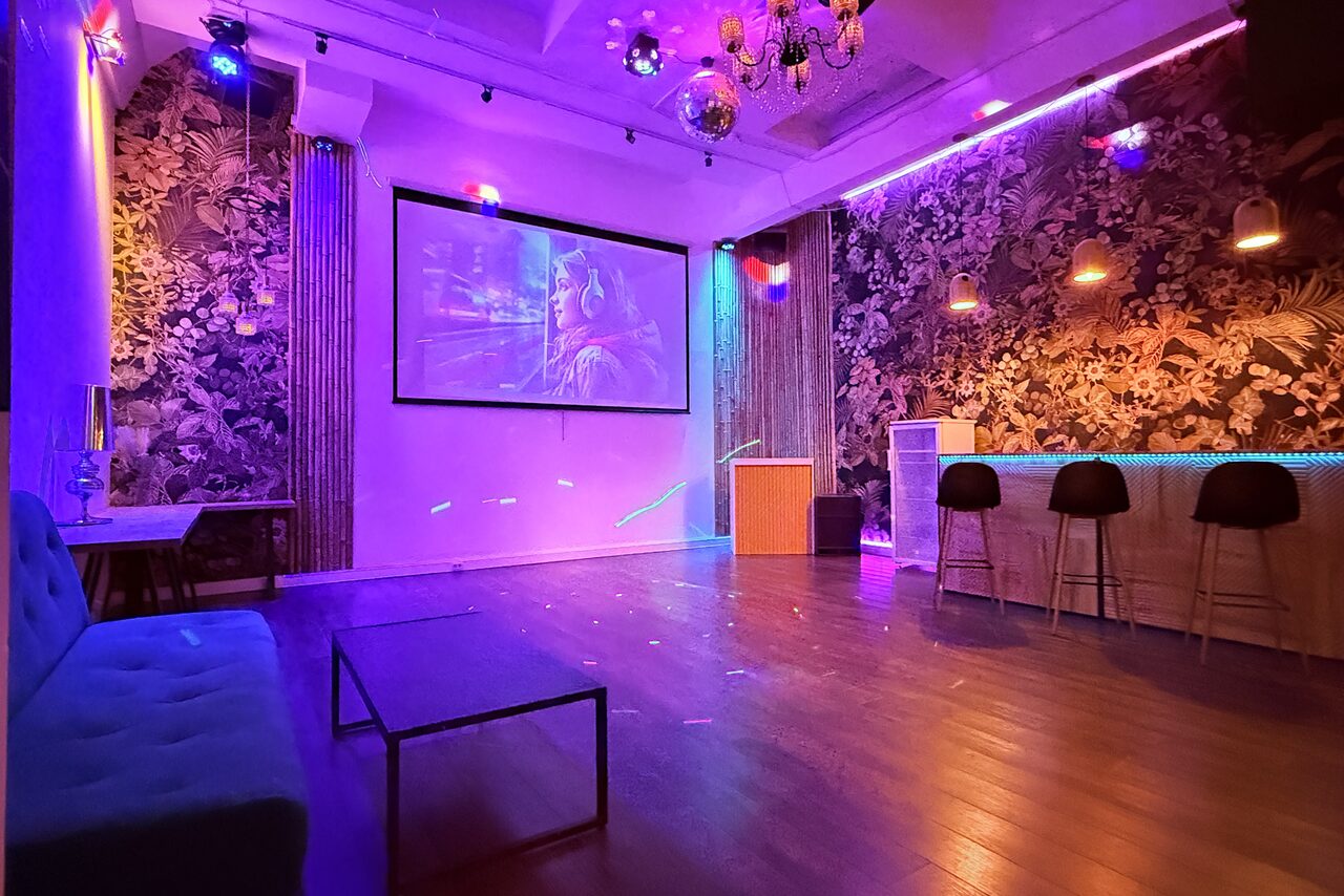 Арендовать Bar on Presnya for private events. Просторная комната для мероприятий: проектор с экраном на стене, барная стойка с тремя стульями, мягкий диван, низкий столик. Стены с цветочным узором, разноцветное освещение. Потолок с подвесными светильниками и диско-шаром. Пол из тёмного дерева.