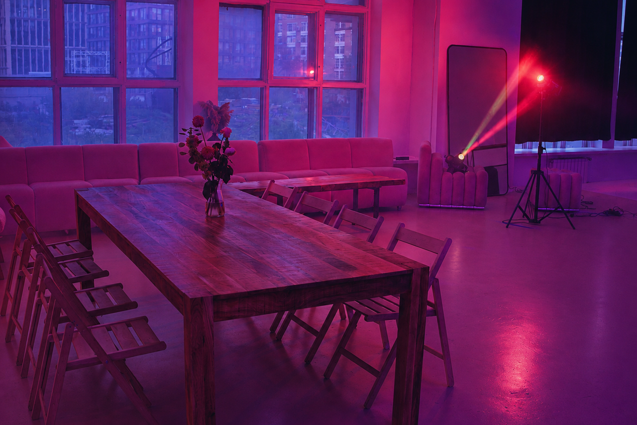 Арендовать  Light loft with light music and a bar. Просторное помещение с деревянным столом и складными стульями. По периметру расположен диван. На столе ваза с цветами. Светофильтры создают красное освещение. Пол из светлого материала, большие окна с видом на город.