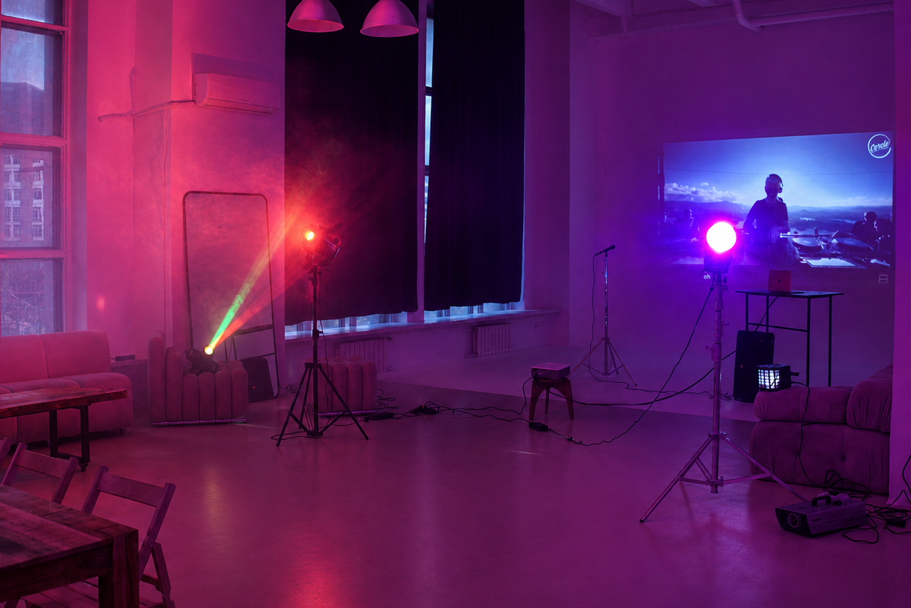 Арендовать  Light loft with light music and a bar. Лофт-пространство с окнами, занавешенными темными шторами. Мягкая мебель вдоль стены, деревянный стол и стулья. Стены и пол нейтральных тонов. Освещение: два прожектора с цветными фильтрами, экран с изображением и микрофоны на стойках.