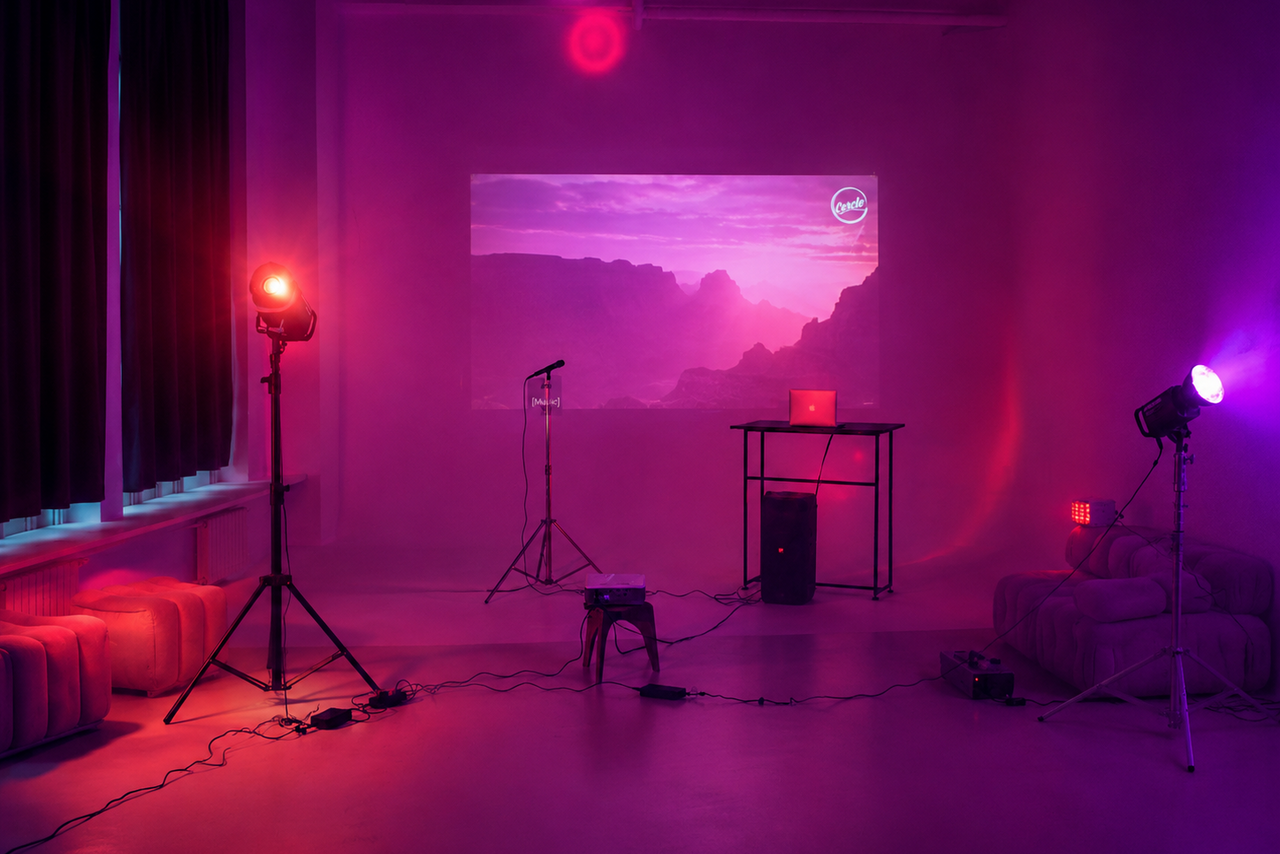 Арендовать  Light loft with light music and a bar. пространство для мероприятий с двумя прожекторами на штативах, микрофоном, проектором с изображением гор на стене. Стол с ноутбуком, диван, светодиодное освещение красновато-фиолетового оттенка, бетонные стены.